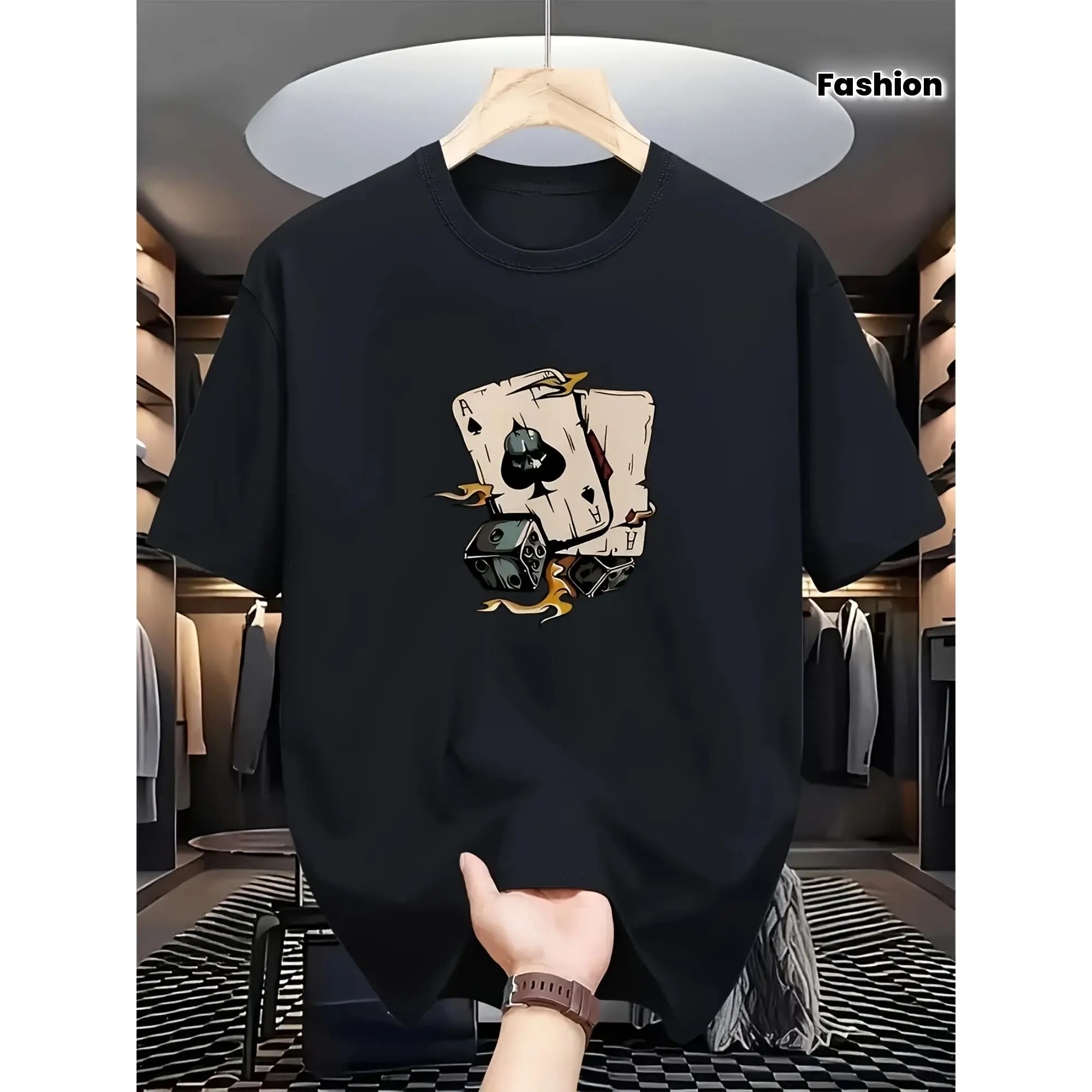 Men's Fashion Printed T-Shirt with Perfect Combination of Poker Cards and Dice Design