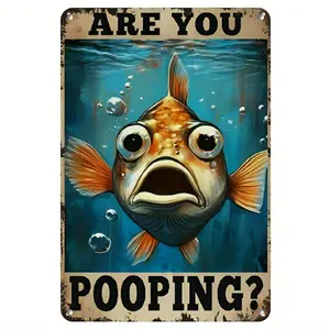 Funny Vintage Fish Metal Wall Art Sign - 8x12" Retro Decor with "Are You Pooping?" Humor - Whimsical Cartoon Fish Design for Living Room, Bedroom, Bathroom - Unique Gift Idea & Home Accent, Kitchen Art Piece | Retro Fish Art | Aluminum Decoration Hanging