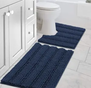 Striped navy blue bathroom rug set of 2 pieces super soft, ski resistant Neil toilet mat, absorbent plush bathroom mat, bedroom, kitchen