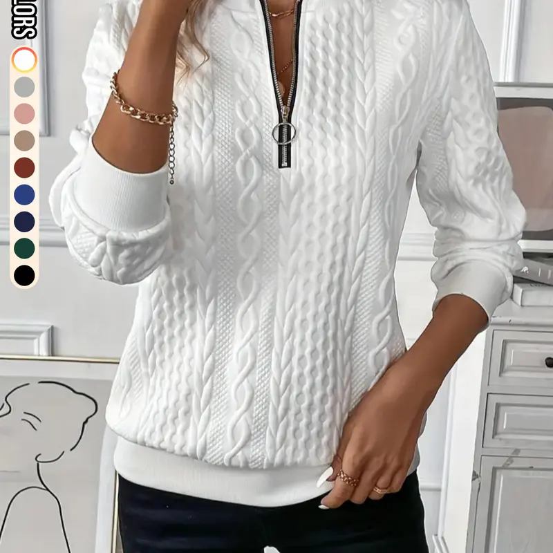 Women's Plain Textured Half Zip Up Sweatshirt, Casual Long Sleeve Round Neck Pullover for Fall & Winter, Ladies Clothes for Daily Wear