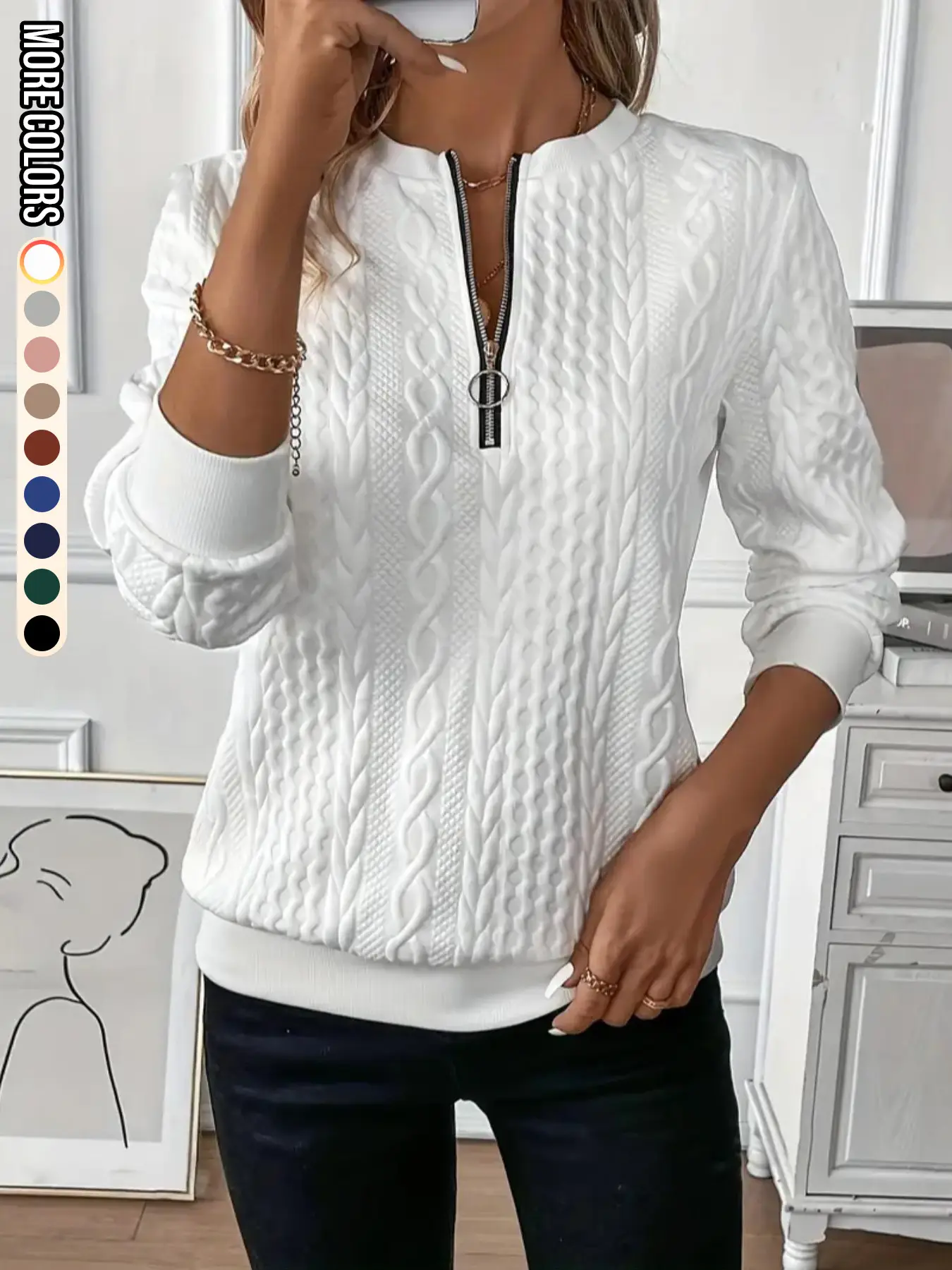 Women's Plain Textured Half Zip Up Sweatshirt, Casual Long Sleeve Round Neck Pullover for Fall & Winter, Ladies Clothes for Daily Wear