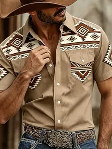 American Western Ethnic Print Retro Short Sleeve Shirt, Men's Casual Slim-Fit Workwear Top, Two Pockets, Solid Pattern, Flap Pocket Shirt