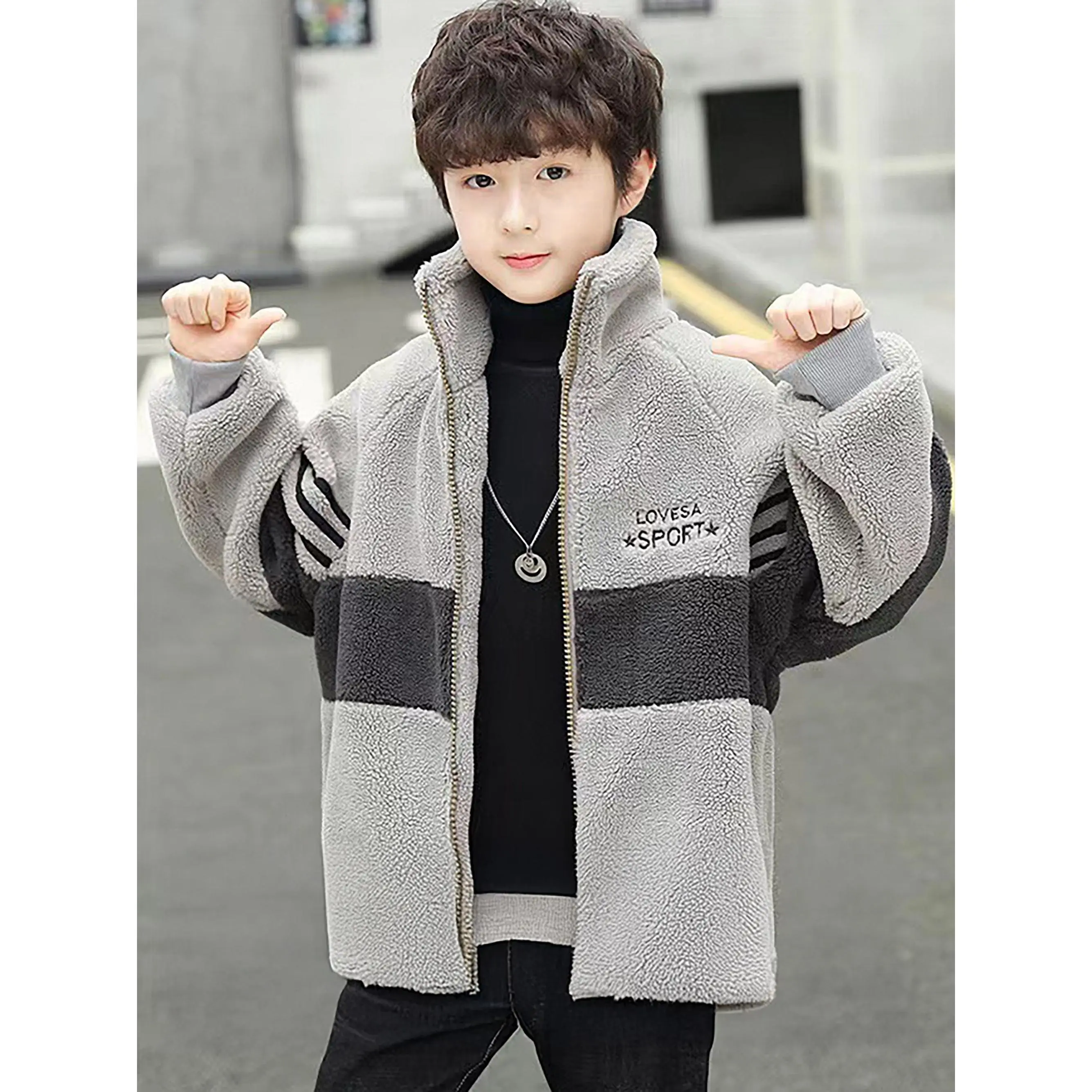 Boys' Lamb Fleece Jacket 2025 New Korean Style Winter Warm Coat with Metal Zipper Closure Letter Print Collar Casual Outerwear for 6-13 Years Trendy School Everyday Jacket Polyester Lining No Lining Seasonal Fashion Stylish