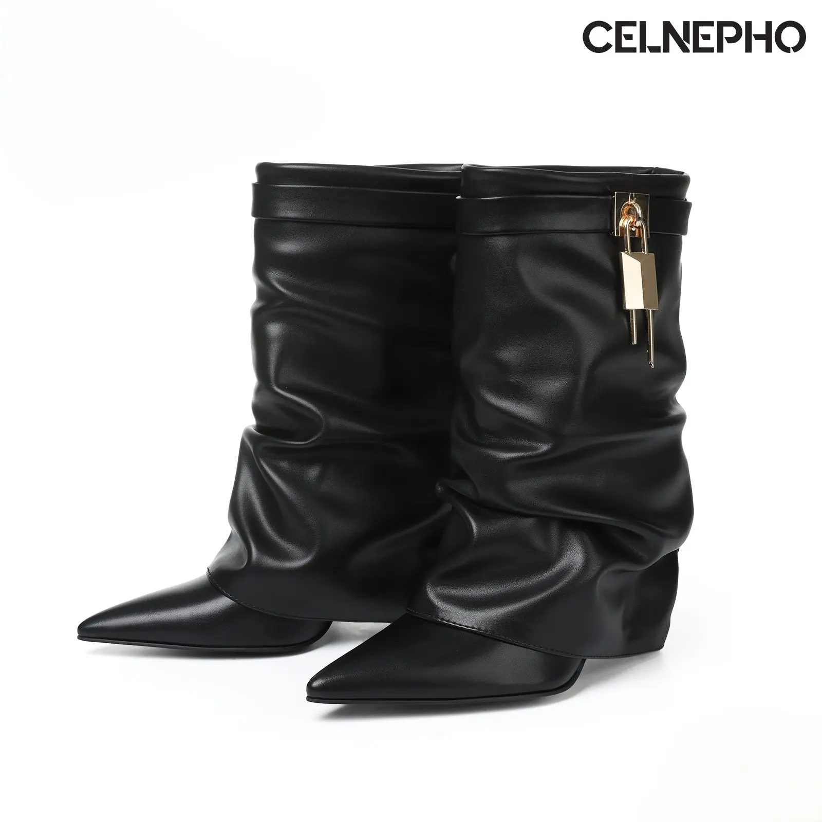 CELNEPHO Womens Slouchy Fold Over Boots Mid Calf Boot Pointed Toe Covered Block Heel Padlock Design Easy Pull on Comfy Booties Gift Casual Party Concert Date Nightout Fashion Dressy Shoes