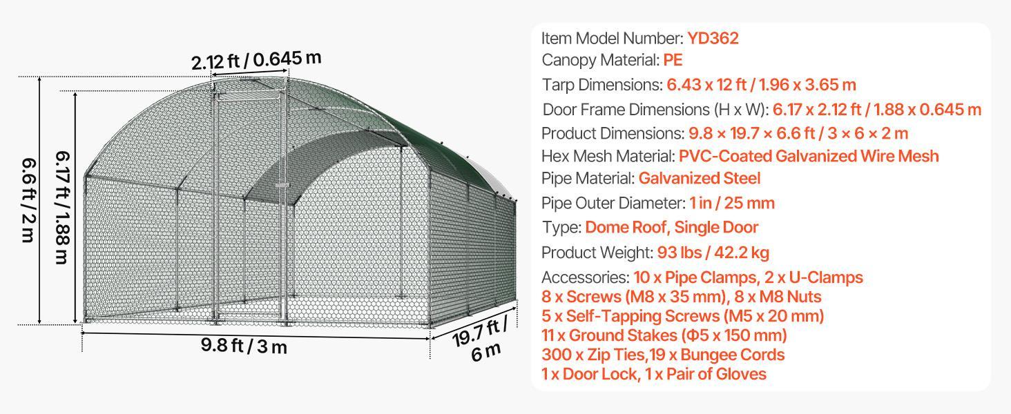 VEVOR Large Metal Chicken Coop, 9.8 x 19.7 x 6.6 ft, Walk-in Chicken Runs with Waterproof Cover, Dome Roof Hen House Enclosure with Lock, Outdoor Duck Rabbit Cage Poultry Pen for Backyard, Farm, Yard