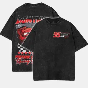 Road King Red Racer - Cars - Y2K Cartoon Movie Oversized Acid Washed 2 Sided Printed Graphic Tee Vintage, Unisex Casual Soft Cotton, Heavyweight T-Shirt Streetwear Apparel, Crewneck Shortsleeve Top Menswear, Tshirt For Animated Film's Fan