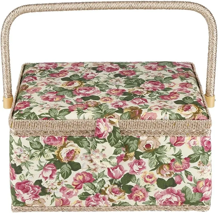 Sewing Kit,Sewing Basket,Sewing Box,Sewing Kit for Adults,Sewing Organizer,Rural Fabric Floral Printed Sewing Basket for Thread Pins, Scissors