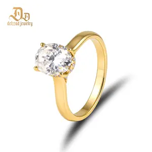 Delzzad 14K Gold-Plated 2ct Solitaire Oval Promise Engagement Ring Synthetic Moissanite S925 Wedding Ring Band Jewelry Perfect Birthday Engagement Wedding Anniversary Christmas Gift for Women