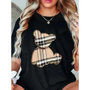 Women's Cartoon Bear and Plaid Graphic Cotton T Shirt Loose Fit Short Sleeve Round Neck Breathable Summer Casual Top for Daily Wear and Parties Machine Washable Bear Tee Relaxed Fit Comfortable Tee