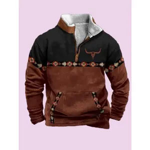 Men'S Aztec Western Jacket Cowboy Bull Head Print Pullover 1/4 Zip Stand Collar Fall Long Sleeve Sweatshirts With Pocket Menswear Stylish Coats Small