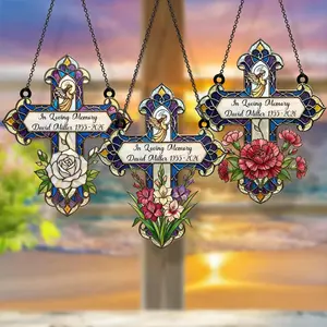 Custom Memorial Cross Acrylic Suncatcher – In Loving Memory of Dad, Personalized Flower Window Hanging, Bereavement Gift, Sympathy Gift