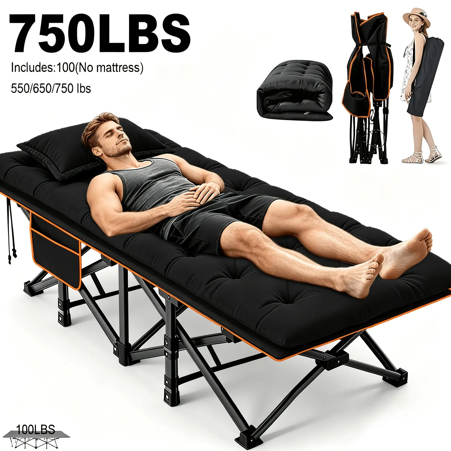 Portable Foldable Bed With/Without Detachable Mattress, 28-Inch Wide Heavy-Duty Folding Bed, Camping Bed, Space-Saving Foldable Bed, Suitable for Multiple Scenarios Such As Camping, Beach Trips, Home Guest Rooms, And Office Naps. Gray/Black