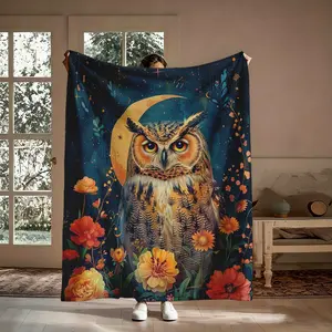 Vintage Owl Moon Flannel Throw Blanket, Oil Painting Stars Floral Pattern Soft Cozy Warm Nap Blanket for Couch Bedroom, Gift for Owl Lover Her Him, Christmas Birthday Holiday Present, Graphic Blanket Throws, Moon Illustration Throws