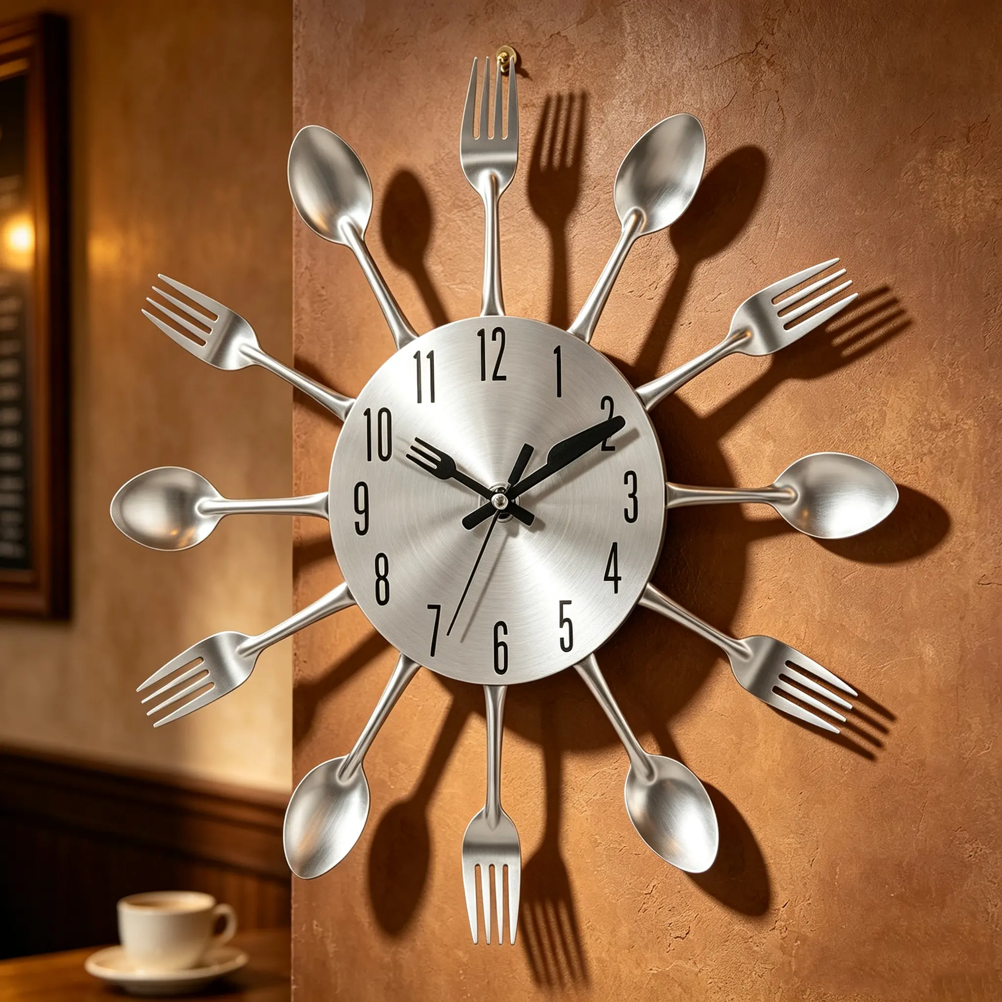 12-Inch Silver Minimalist Industrial Decorative 3D Metal Spoon Fork Wall Clock, Silent Round Time Display Clock for Kitchen, Dining Room Home Decor