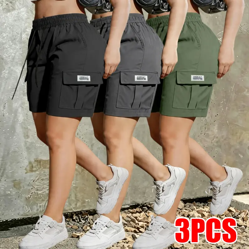 LIFE KEEPS MOVING 3-Pack New Women’s Athletic Cargo Shorts — Drawstring Style for Added Convenience; Perfect for Sport, Casual Wear, and Going Out; A Must-Have Fashionable and Comfortable Piece for Women Suitable for Various Occasions