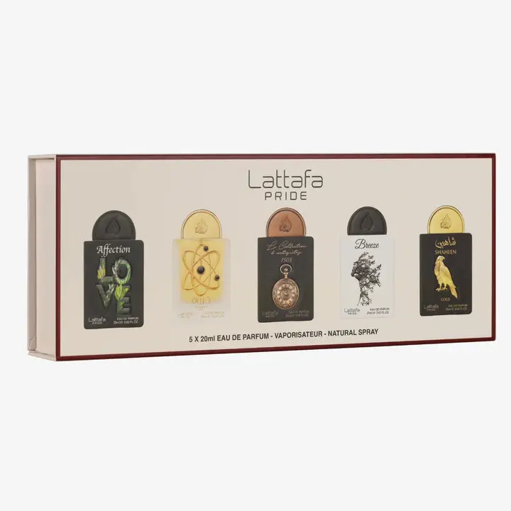 Lattafa Pride No.1 Arabian Scent Unisex Fragrance Gift Set - 5x20ml EDP Colognes (Affection, Tharwah Gold, Breeze, Shaheen Gold, Antiquités 1505) with Long-Lasting Woody Floral, Floral Oriental, Amber & Vanilla Notes for Youth, Floral Aromatic Scents