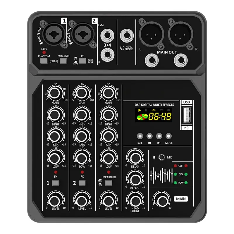 4-Channel Computer Recording Audio Mixer, Live Audio Mixer, Studio Mixer, Compact Professional Mixing Console for Outdoor Performances and Home Use, Small Size Audio Controller, DSP Effects