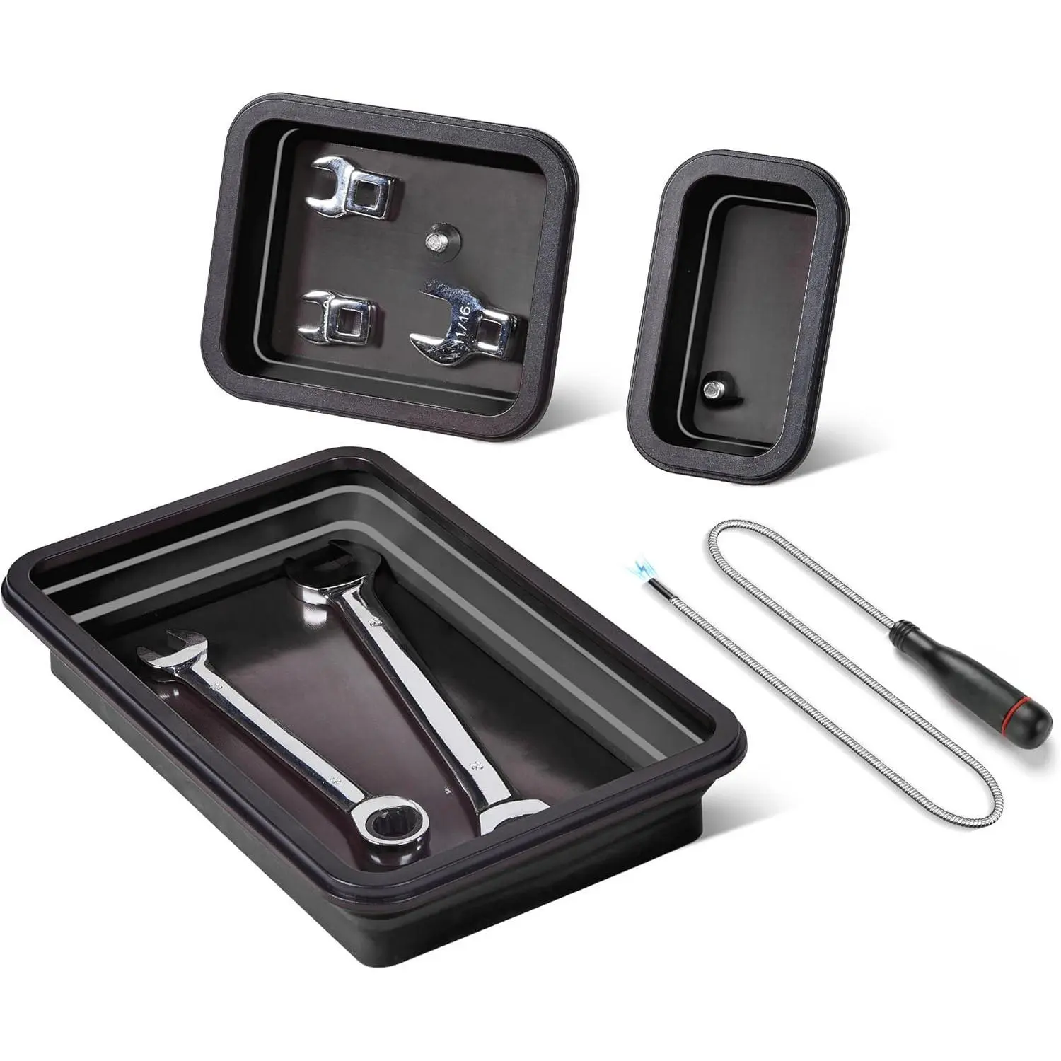 Collapsible Magnetic Tool Box Wrench Organizer with 3-Size Trays, Sweeper, 12-inches Flexible Handle Magnetic Pickup Tool, Rare Earth Magnets for Metal Items Sorting (Black)