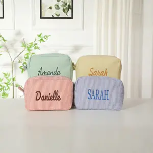 Custom Seersucker Makeup Bag, Personalized Chenille Name Toiletry Bag, Bridesmaid Gift Bachelorette, Vacation Travel Pouch Pool Party Gift for Her