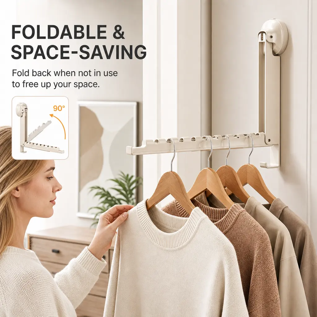 1 Count, Wall Mounted Suction Clothes Drying Rack, Foldable Telescopic Hanger Bar for Home Indoor Wall Window Clothes Hanging Storage