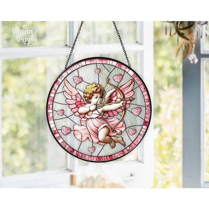 Cupid  Valentines Stained Glass Suncatcher, Cupid Suncatcher Hanging Window, Valentine's Day Decor, Funny Cupid Stained Glass Window Decor