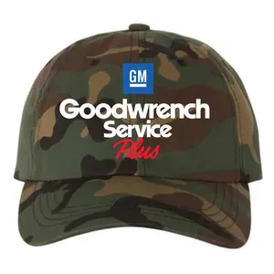 Vintage GM Goodwrench Service Plus Camo Baseball Cap - Retro Woodland Camouflage Dad Hat - Classic Automotive Graphic Hat for Men & Women - Premium Adjustable Outdoor Hunting & Workwear Cap - GM Licensed Style Headwear