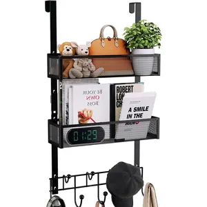 Over The Door Hooks Organizer - Extra Long Door Hanger with 9 Coat Hooks & 2 Mesh Basket,  Storage Organizer  Towels for Bathroom, Bedroom, Black (for 1.76 in Doors)