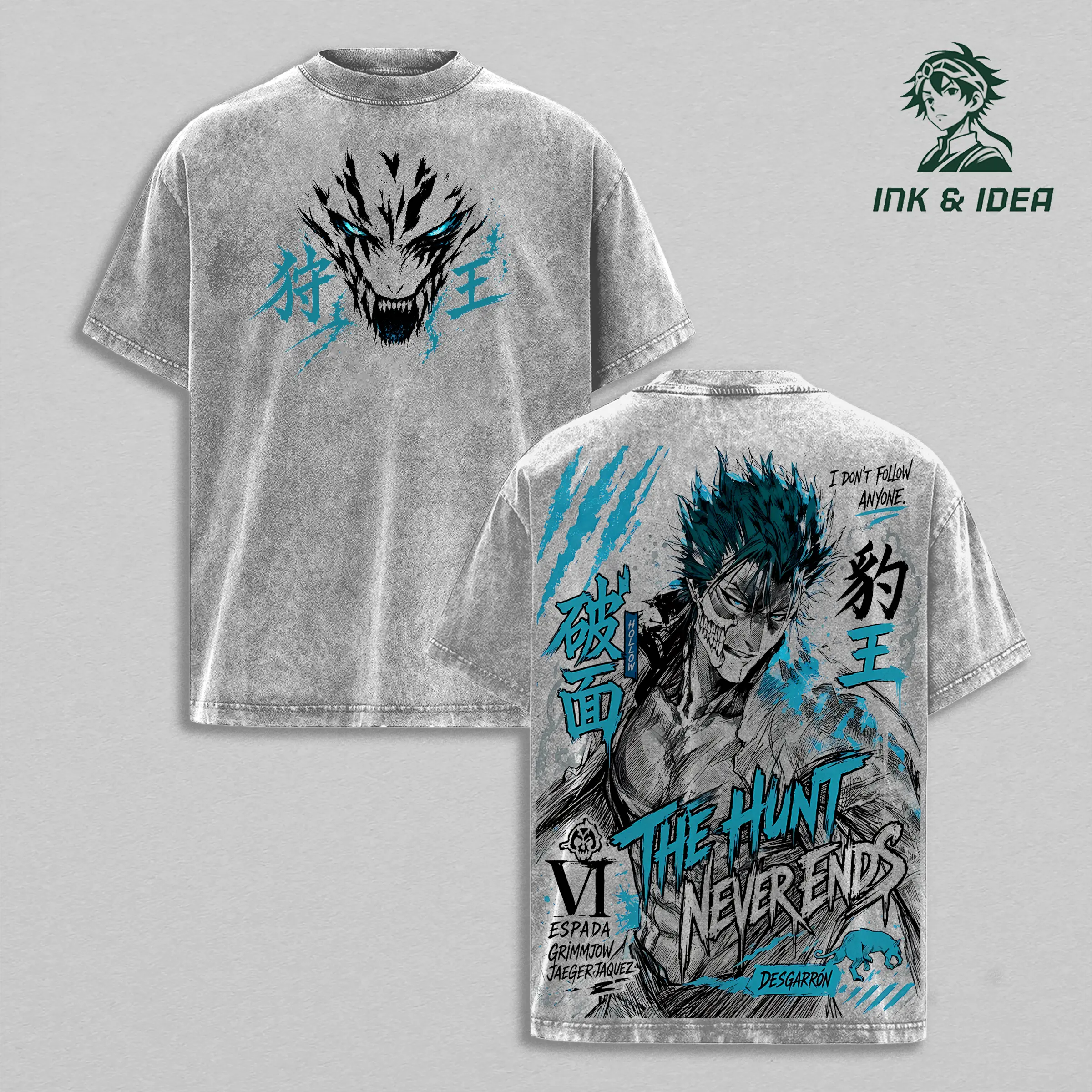 Grimmjow Jaegerjaquez Espada VI Vintage Washed Anime Tee, Bleach Arrancar Hollow Graphic Shirt, The Hunt Never Ends Oversized Streetwear, Heavyweight Cotton Anime Fan Gift