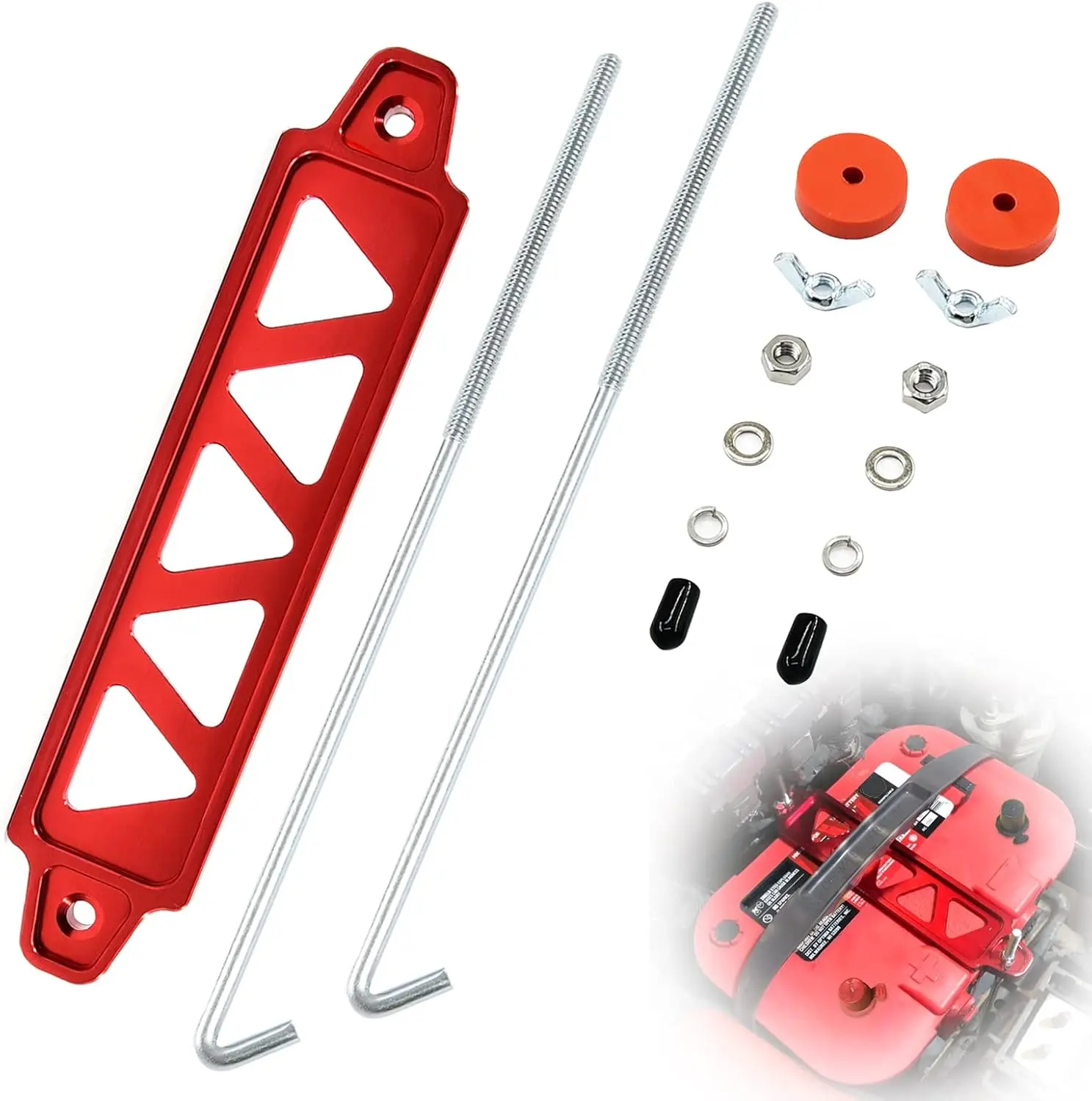 Battery Hold Down Bracket, Aluminum Alloy Battery Tie Down Bracket, Battery Tray for Car Battery Mount Bracket Hold Lock Accessories, Car Battery Lock Down- with 10in J Bolts (Red)