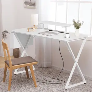 47" Office Desk with Monitor Stands and Fabric File Organizer, White Computer Desk Writing Gaming Table with Drawer and Power Outlets for Home Office