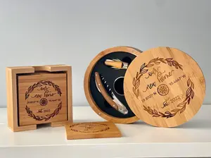 Eco-Friendly Personalized Bamboo Coaster & Wine Tool Set - Includes Corkscrew, Stopper, Decanting Pourer with Stopper & Drip Collar - Great Gift for Wine Lovers