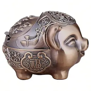 Pig Ashtray, Windproof Ashtray With Lid Portable Odor Ashtrays Holder Outdoor Indoor Smokers, Vintage Metal Desktop Tobacco Ash Tray Home Office Decoration (Bronze)