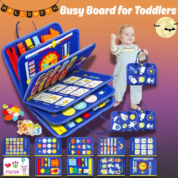 Busy Board for Toddlers, Montessori Sensory Board Toy, Educational Learning Toy for Boys & Girls, Preschool Activity Board, Halloween Gift for Toddlers, Travel Toy for Airplane & Car, Blue