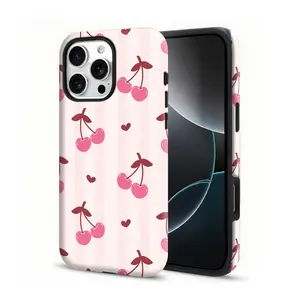 Trendy 2 in 1 Pink Cherry Pattern Shockproof Phone Case, Soft Silicone with Hard PC Protective Cover Compatible with iPhone 12 13 14 15 16 17 Pro Max Plus, Fits Samsung Galaxy S22 S23 S24 S25 S26 Ultra Plus, Cute Unisex Gift for Men and Women