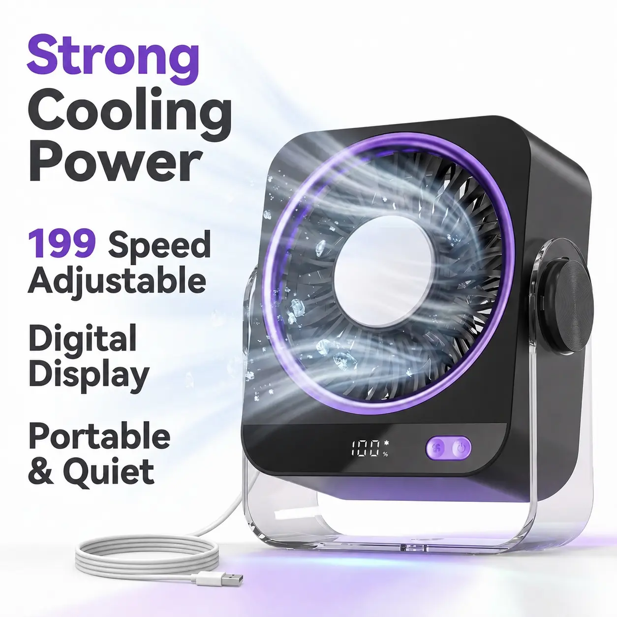199 Speed Desk Fan, USB Rechargeable Portable Fan with Digital Display, Turbo High Velocity Cooling Fan for Bedroom Office Dorm Travel