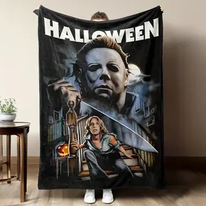 Halloween Michael Myers horror movie themed printed flannel blanket - suitable for all seasons, soft and warm, suitable for sofa, bedroom, office