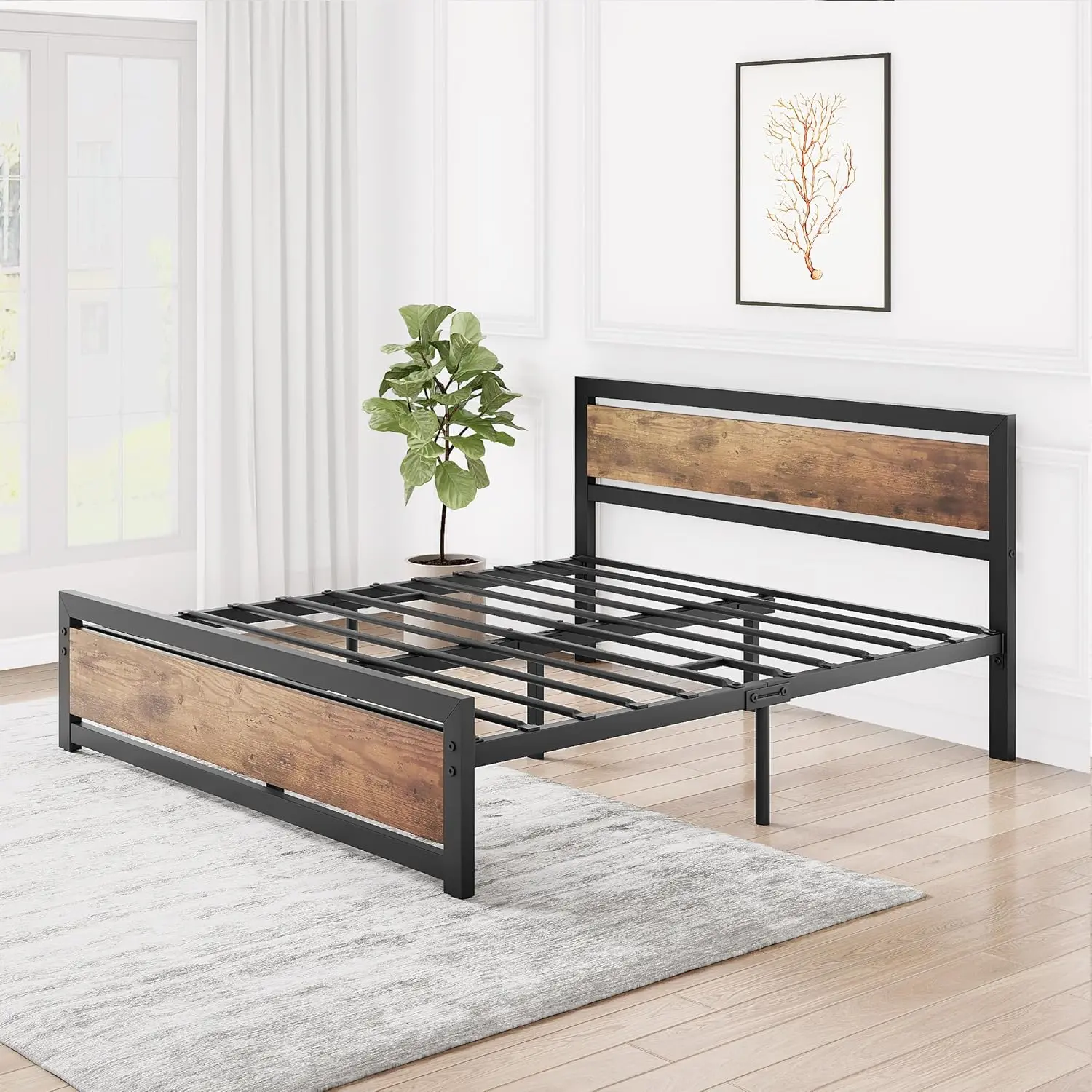 Sturdy Queen Bed Frame with Rustic Headboard - Metal Bed Frame for Indoor Use, Sturdy Bed Frame, Metal Bed Frames
