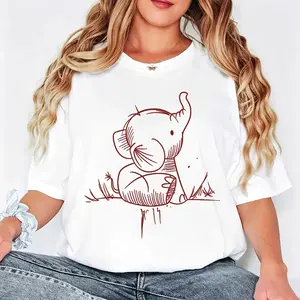 Cute Animal Print Women's T-Shirt Elephant Sketch Design Casual Summer Wear Gift For Her