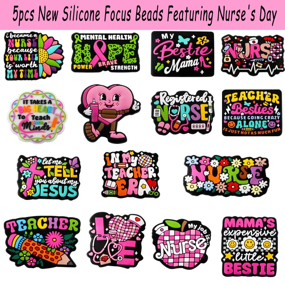 5pcs New Silicone Focus Beads Heart Design Charm Featuring Nurse's Day, Teacher's Day, and Mother's Day Elements Ideal for Beading Supplies, Beading Making, crafting jewelry, DIY keychain bracelets, pens Etc Handmade Product Accessory Charms For Crafts