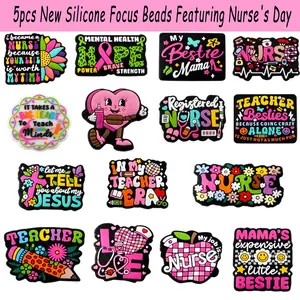 5pcs New Silicone Focus Beads Heart Design Charm Featuring Nurse's Day, Teacher's Day, and Mother's Day Elements Ideal for Beading Making, crafting jewelry, DIY keychain bracelets, pens Etc Handmade Product Accessory