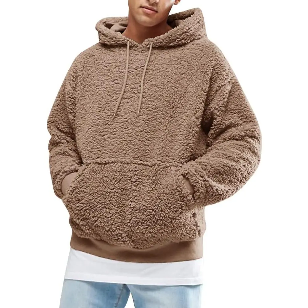 Men's Fuzzy Fur Kangaroo Pocket Sherpa Pullover Hoodie - Menswear Athletic Long Sleeve Fabric Sweatshirt, Military Fall Winter Outwear, Tops, Fluffy, Soft, Chunky, Plain, Stylish, Fashion, Pants, Outdoor, Simple