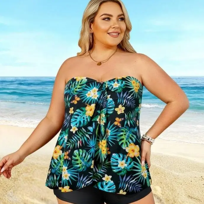 Women's Plus Size Tropical Tankini Swimsuits, Strapless High Stretch 2-Piece Set with High-Waisted Boyshorts & Skirted Option for Beach Pool, Dating, Breathable, Quick-Dry, Machine Wash, Tankini Top
