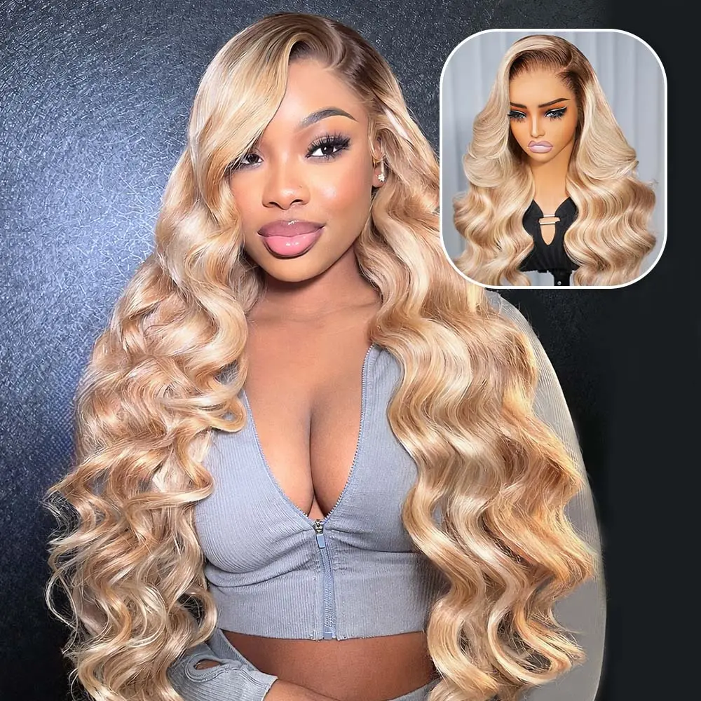 Megalook 13x6 Three-Go Ash Blonde Highlight Glueless Wigs Body Wave With Drawstring 100% Human Hair Wig