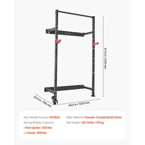 VEVOR Folding Power Cage, Wall-Mounted Power Rack Squat Rack, Multifunctional Strength Training Workout Equipment with Landmine Holder, Adjustable J-Hooks Pull-Up Bar for Home Gym, 1000LBS Capacity