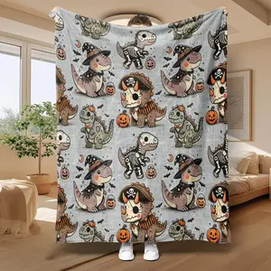 Warm Comfortable Flannel Blanket, Cute Cartoon Halloween Dinosaur Print, Decorative Throw for Sofa Bed Office Dorm Camping
