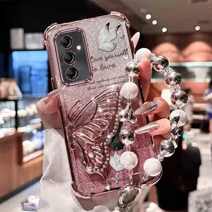 A36 Young Mom Series Fashion Strap Lanyard Phone Holder Case For Compatible With Samsung Galaxy A36 5G PC Cover and Elegant Elegant Butterfly Glitter Protector Cases Casing Accessories
