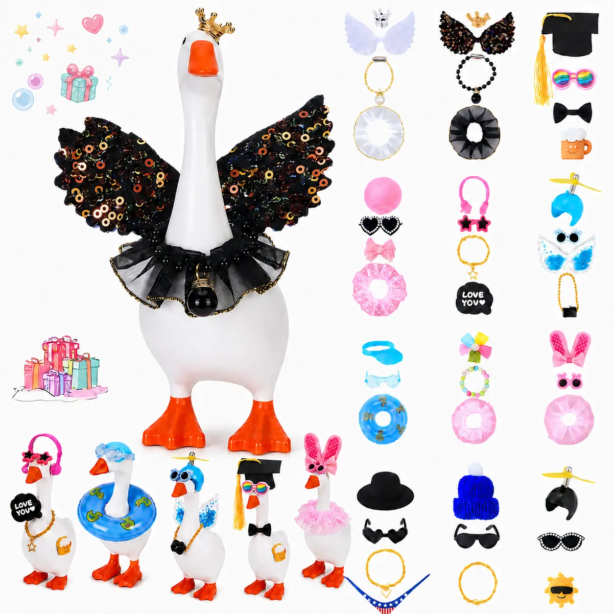 12 Set 7 Inch Desk Goose Outfits Including Hats Sunglasses a Bikini a Hair Clip a Swim Ring and Dresses for the Magnetic Desktop Goose Porch Goose Key Holder – Decor & Office Gifts (Desk Goose not included) ornament