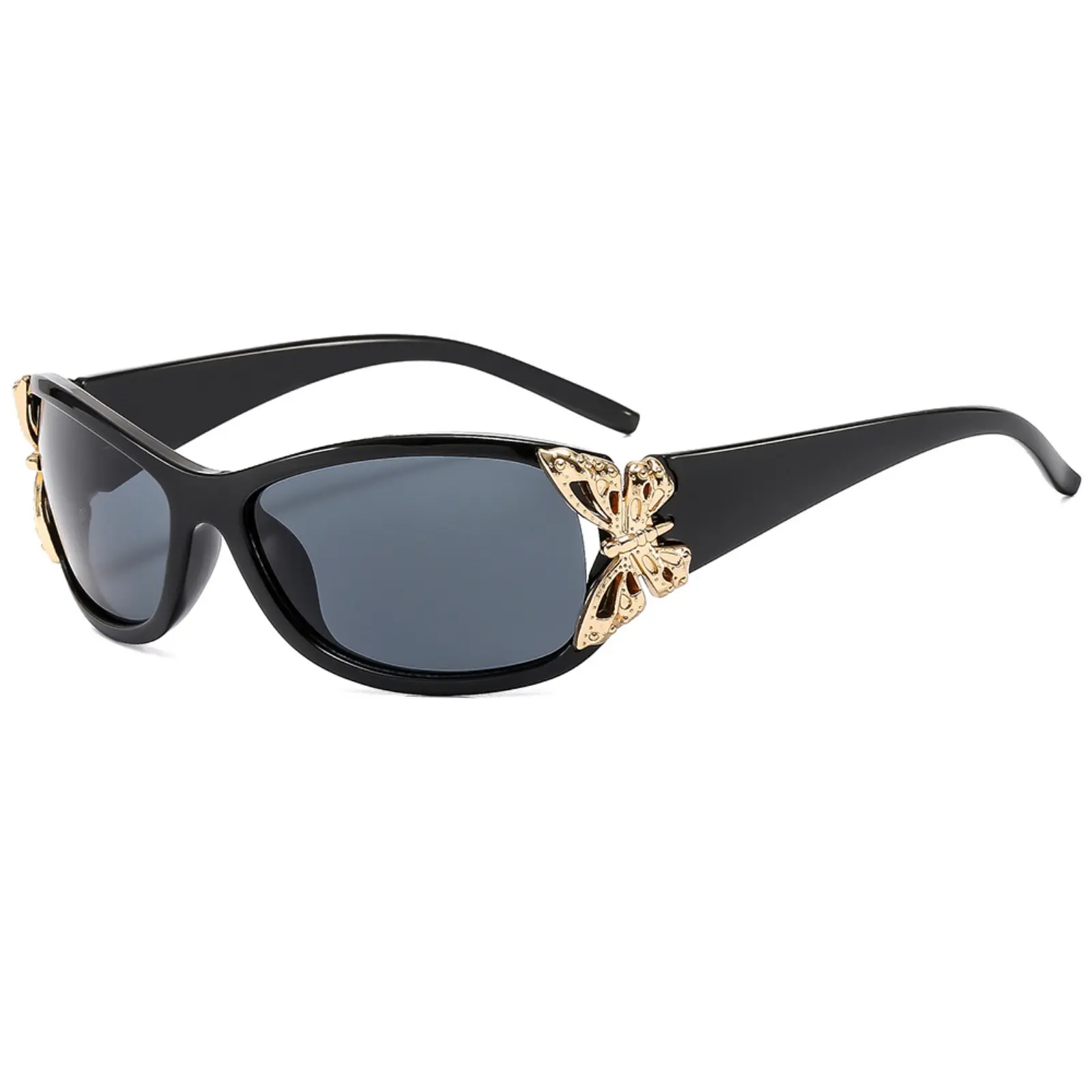 FHSY SHOP Women's Black Wrap Sunglasses, Gold Butterfly Accent, UV400 Protection, Retro Y2K Style, Lightweight Fashion Eyewear for Streetwear Daily Wear, Men's LED Light Blocking Stickers, Womens Sunglasses