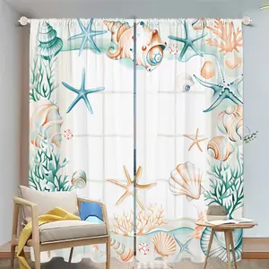 2Pcs Ocean Style Marine Life Shell Starfish Curtains for Living Room Bedroom Kitchen Home Decor, Modern Window Treatment, Light Filtering Panels Translucent tube bag design