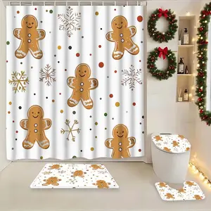 Christmas Gingerbread Man Waterproof Shower Curtain Set, Festive Bathroom Decor with Hooks, Bath Mat, Toilet Lid Cover, U-Shaped Tray, Perfect Gift